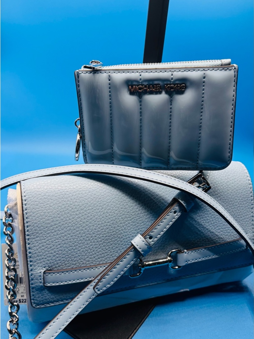 Michael Kors Powder Blue Quilted & Pebbled Leather Crossbody & Wallet Bundle